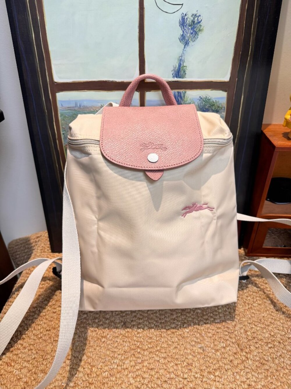 ✨ Longchamp Le Pliage Original Beige & Pink Leather Trim Backpack - Picture 2 of 9